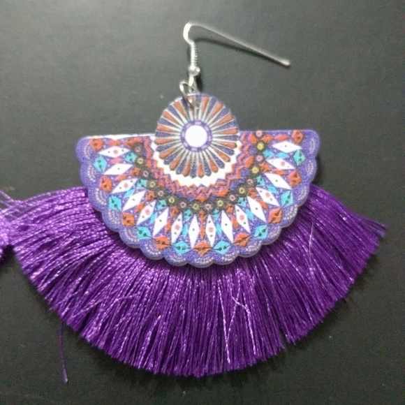 Wooden Purple Silk Fringe Half Moon Statement Earrings - Picture 2 of 2